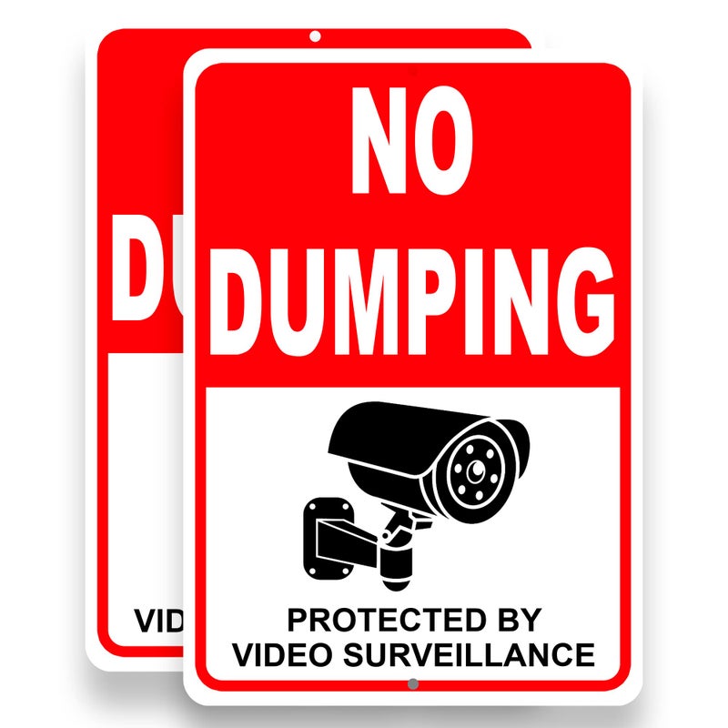 DIMARONGTON 2 PC No Dumping Signs - 10 x 7 Aluminum No Garbage Sign - Video Surveillance Sign - No Dumping Signs Private Property - No Littering Sign Outdoor Red - Image 1